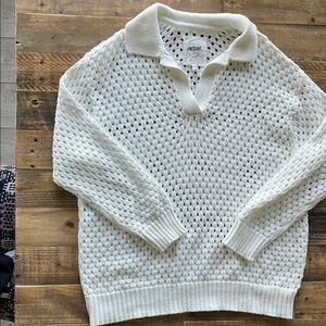 Aerie White V-Neck Sweater with Textured Knit